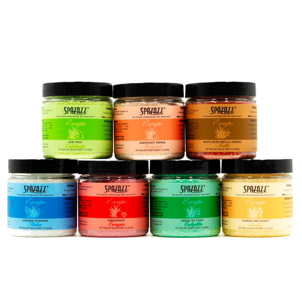 Spazazz Escape 7-pack sampler front view offering varied scents for home spa rituals.