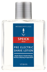 Speick Men Pre Electric Shave Lotion lavender oil close-up for soothing pre-shave prep.