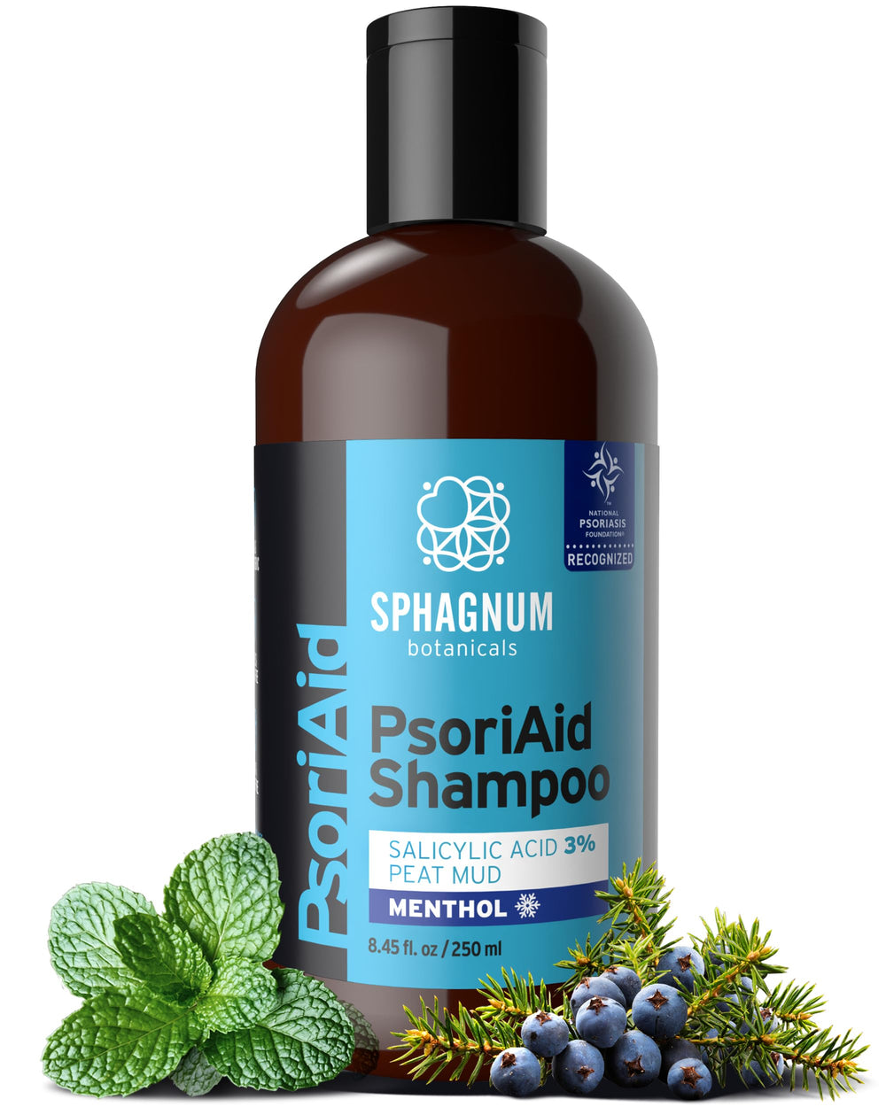 Sphagnum Botanicals Psoriasis Shampoo bottle highlights gentle scalp care with menthol cooling