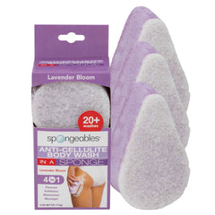 Spongeables lavender cellulite sponge for cleansing and moisturizing benefits.