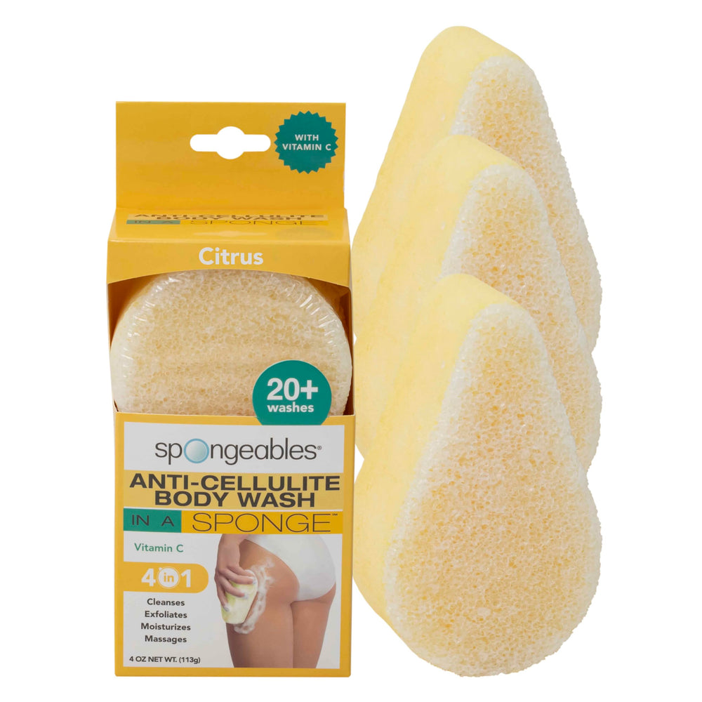 Spongeables citrus-anti-cellulite-sponges close-up showing spa-like cleansing and cellulite-focused care