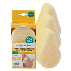 Spongeables citrus-anti-cellulite-sponges close-up showing spa-like cleansing and cellulite-focused care