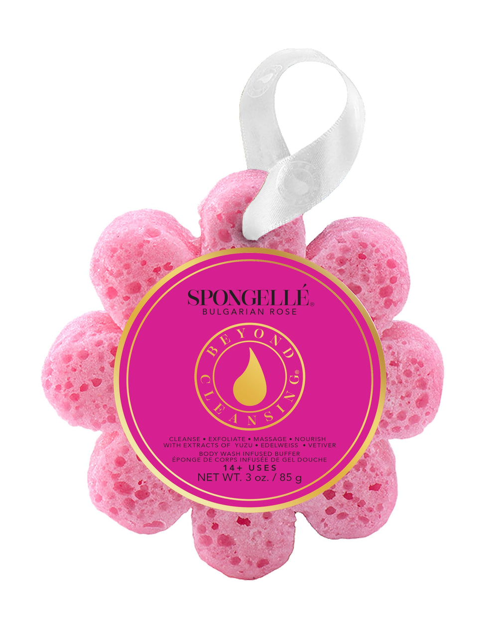 Spongelle Bulgarian Rose Wild Flower Buffer close-up showing exfoliating texture with moisturizing infusion.