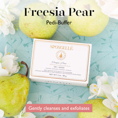 Close-up of SPONGELLÉ Pedi-Buffer in use for exfoliation on rough heels.