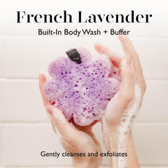 SPONGELLÉ Buffer sponge close-up reveals lavender-infused exfoliation.