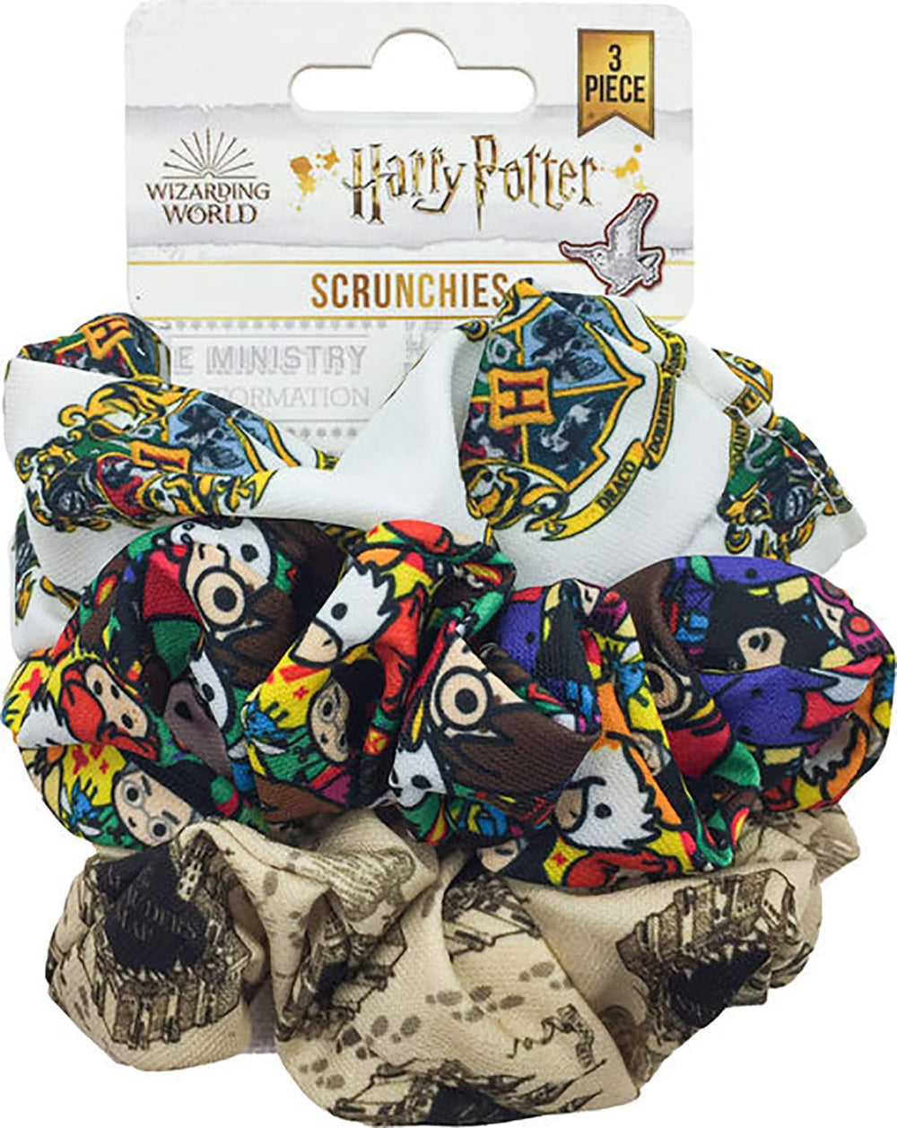 Spoontiques Harry Potter Scrunchies show three designs on a hang card for versatile styling.