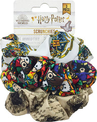 Spoontiques Harry Potter Scrunchies show three designs on a hang card for versatile styling.