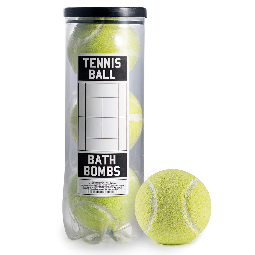 Sportigift tennis-ball bath bombs three-pack in upcycled can for soothing muscle recovery.