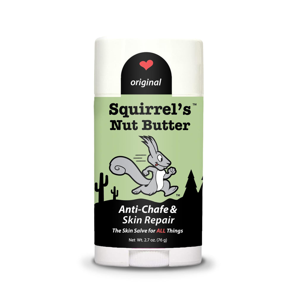 Squirrel's Nut Butter Anti Chafe Stick packaging shown for travel protection.