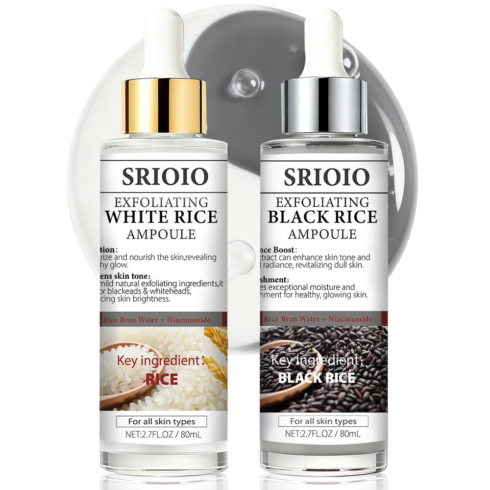 SRIOIO black and white rice exfoliation essence bottle for gentle exfoliation and smoother pores.