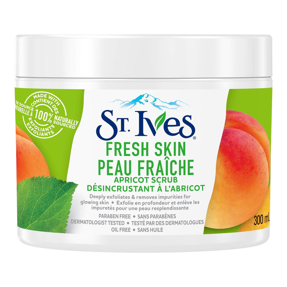 St. Ives Fresh Skin Apricot Scrub jar showcases exfoliating texture for glowing skin.