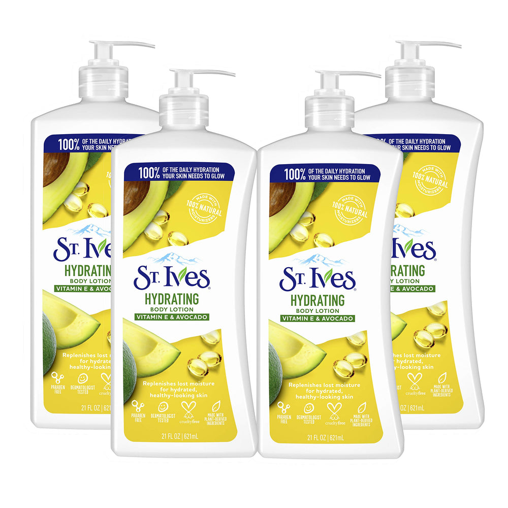 St. Ives hydrating hand and body lotion pack4 bottles deliver daily moisture for dry skin.