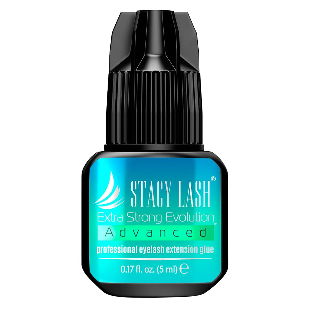 Stacy Lash Extra Strong Evolution adhesive bottle closeup for fast, secure lash bonds.