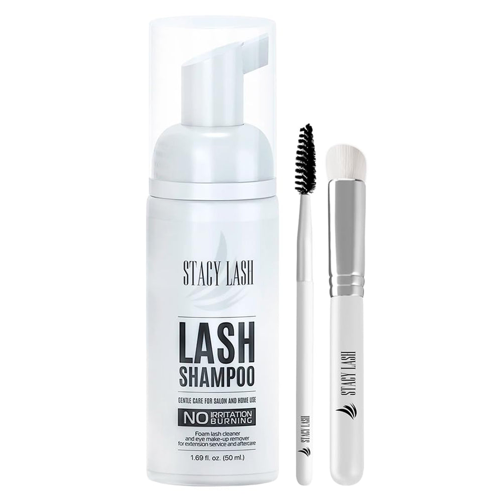 STACY LASH eyelash-extension shampoo bottle showing gentle cleansing for lashes.
