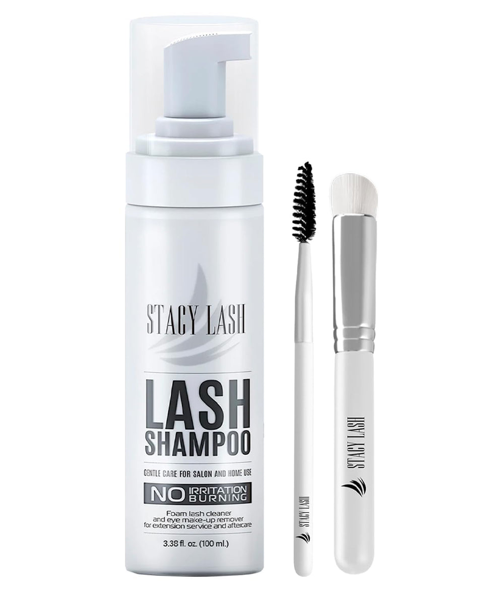 Stacy Lash eyelash extension shampoo bottle showing gentle cleansing for lashes and extensions.