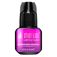 STACY LASH lightning speed glue bottle; fast lash extensions with bold black adhesive.