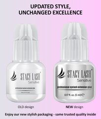 STACY LASH glue label highlights latex-free formula for sensitive clients.