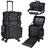 Stagiant professional rolling makeup case front view with sturdy wheels for on-the-go artists.