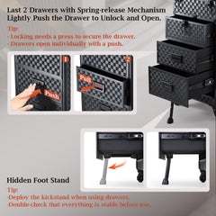 Stagiant spring-release drawers front panel enable easy access to cosmetics.