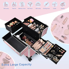 Stagiant train case with 3-tier trays to organize cosmetics and jewelry efficiently.