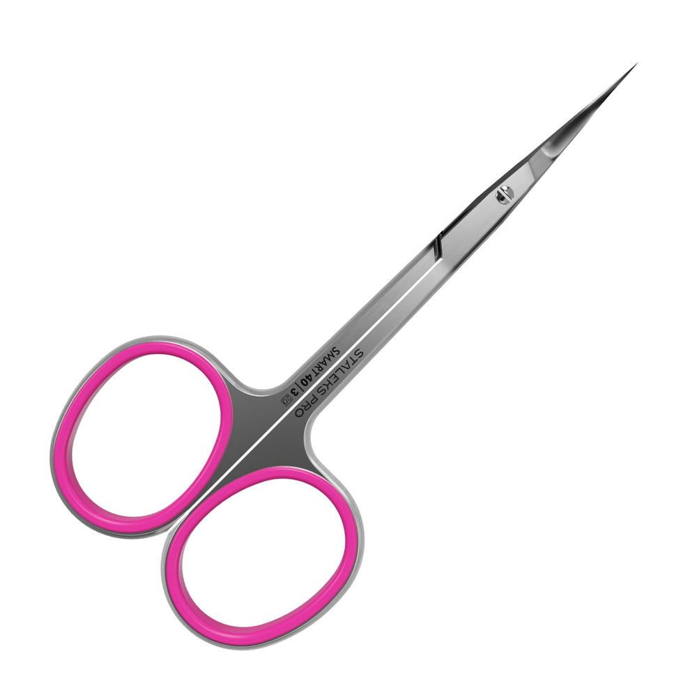 Staleks Pro cuticle scissors close-up of ultra-fine curved blades for precise trimming