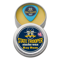State Trooper Stache Wax medium-hold Bay Rum tin for versatile styling.