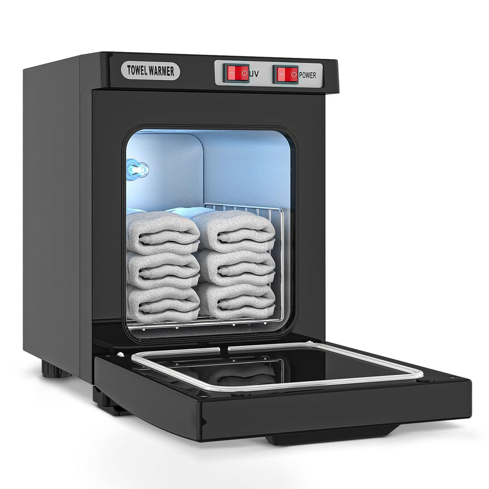 StateRiver towel warmer cabinet front view demonstrating sleek black design for spa-ready towels.