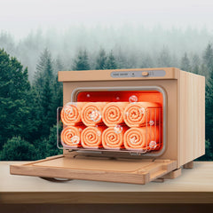 StateRiver towel warmer cabinet lid-open showing easy towel access