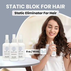 Static Blok spray being applied to hair for smoother, frizz-free styling.