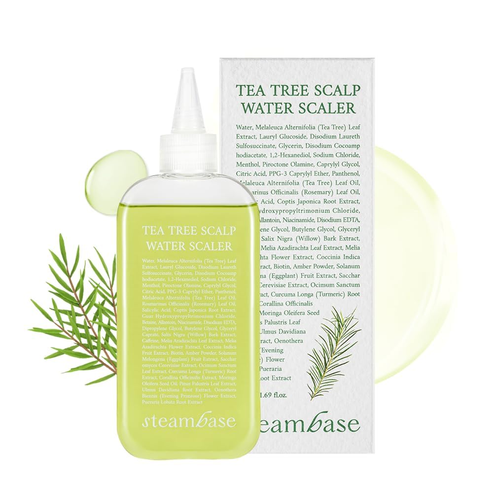 Steambase Tea Tree Scalp Treatment bottle promoting purified, healthy scalp.