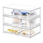Stebopum 3-pack stackable makeup organizer front view improves vanity visibility.