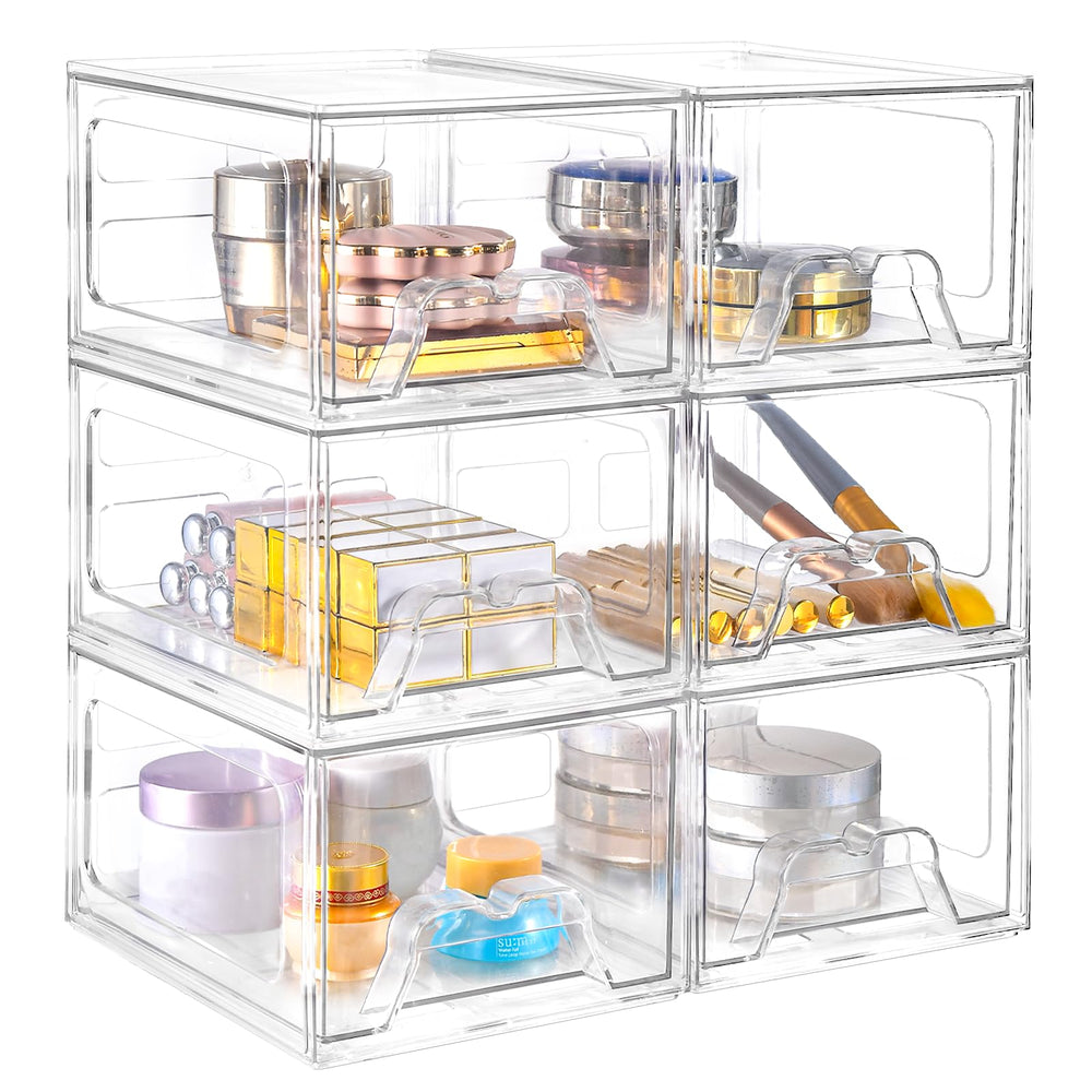 Stebopum 6-pack stackable makeup organizer top view for easy vanity access