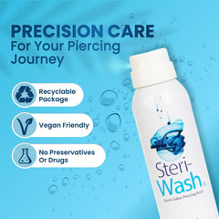 STERI-WASH vegan formula offers safe, preservative-free aftercare for sensitive skin.