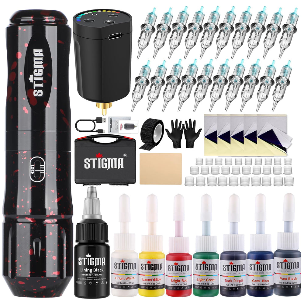 STIGMA cordless tattoo gun kit setup shows organized components for easy beginners' practice.