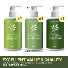 Stock Your Home shower essentials set bottles closeup highlights 10 oz bottles for guest use.