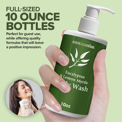 Stock Your Home shampoo bottle closeup emphasizes hotel-grade formulation for comfortable stays.