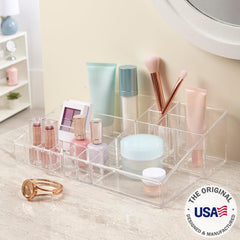 STORi Audrey clear vanity organizer top-down view reveals organized compartments.