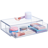 STORi Audrey stackable vanity bin showing organized makeup drawer