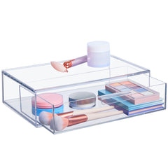STORi Audrey stackable vanity bin showing organized makeup drawer