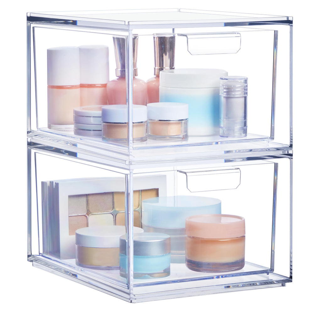 STORi Audrey stackable drawers on vanity for quick cosmetic access.