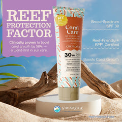 Stream2Sea Coral Care label close-up featuring SPF 30 and reef-friendly formula.