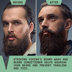Striking Viking beard conditioner tea tree apply demonstrating detangling and smoother finish.