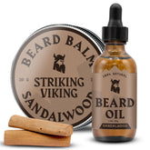 Striking Viking beard oil and balm kit packaging shows premium all-natural grooming.