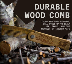Striking Viking folding sandalwood comb in pocket, portable grooming tool.