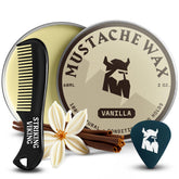 The Striking Viking mustache wax kit with comb, vanilla scent, and strong hold.