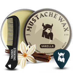 The Striking Viking mustache wax kit with comb, vanilla scent, and strong hold.