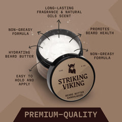 Striking Viking sandalwood beard softener jar shows creamy non-greasy formula for easy use.