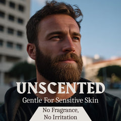 Striking Viking unscented beard butter full-face profile emphasizes natural look without fragrance.