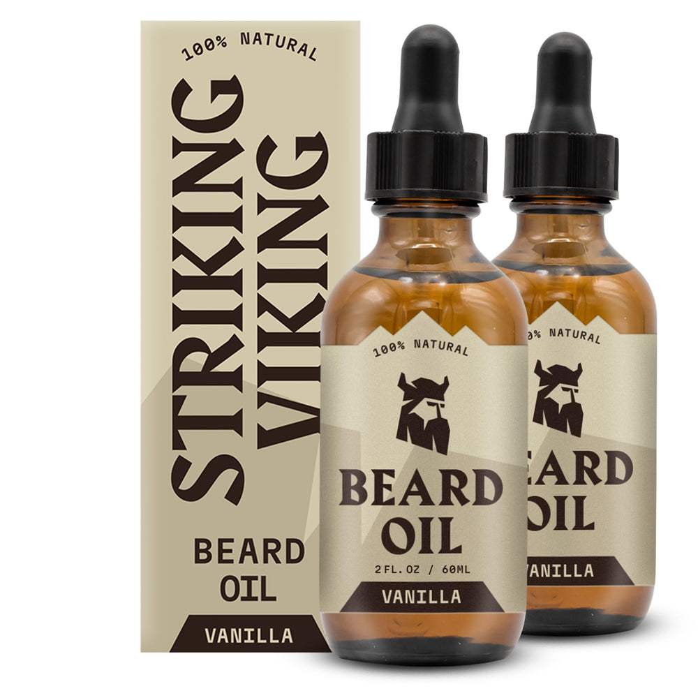 Striking Viking Vanilla Beard Oil bottle close-up with hydration potential.