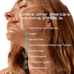 Hypoallergenic label on Studex product signals alcohol-free, pH-balanced care for sensitive skin.